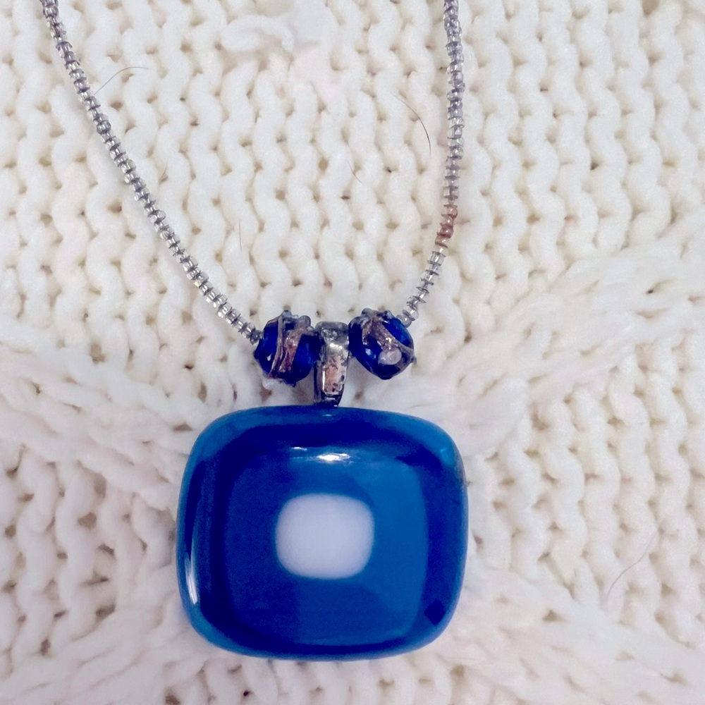 Handmade fused glass beaded necklace blue